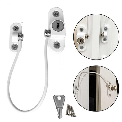 Child safety window and door lock with steel cable and adhesive base for baby-proofing cabinets, windows, and doors