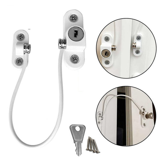 Child safety window and door lock with steel cable and adhesive base for baby-proofing cabinets, windows, and doors